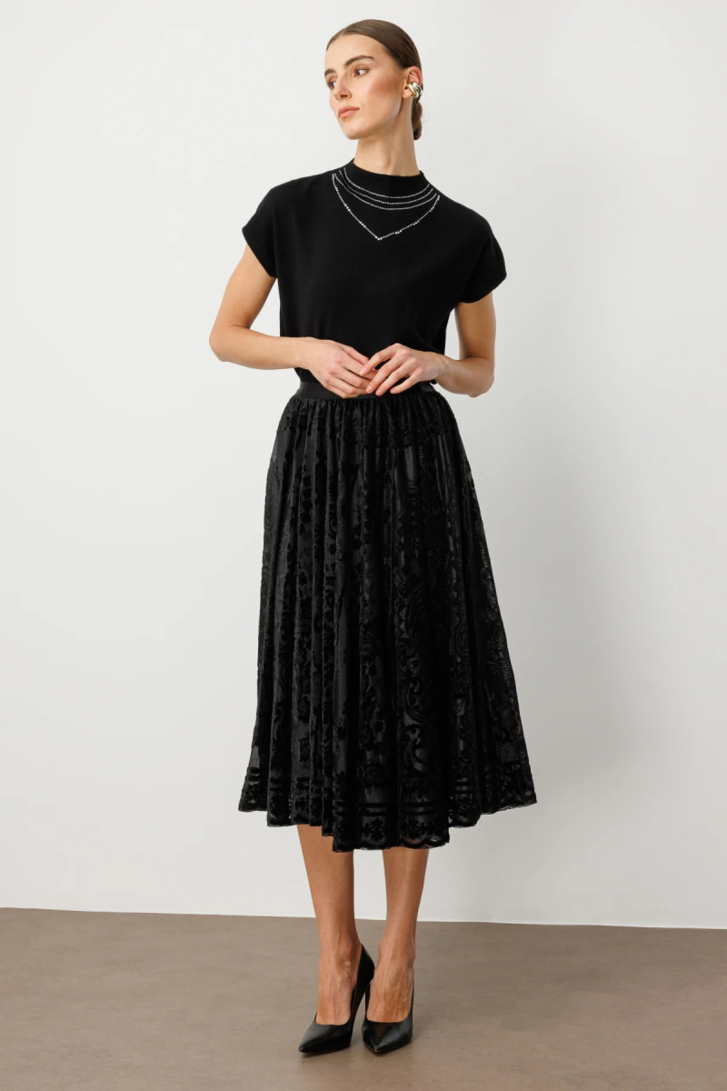 Ekol Kadın Kadife Geçişli Maxi Etek 2417 Siyah Siyah