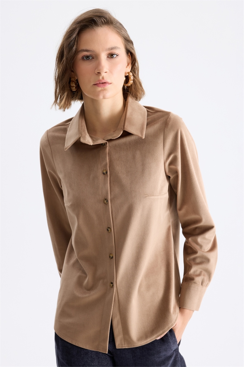 Ekol Kadın Kadife Görünümlü Polo Yaka Gömlek Camel Camel