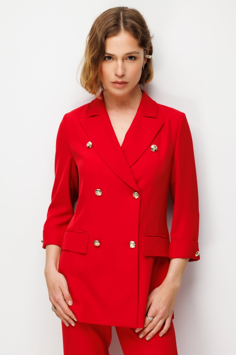 Ekol Kadın Kapak Cepli Duble Kol Ceket 1122 Kırmızı Kırmızı