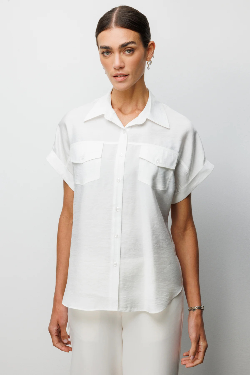 Ekol Kadın Kapak Cepli Kısa Kollu Gömlek 2088 Beyaz Beyaz