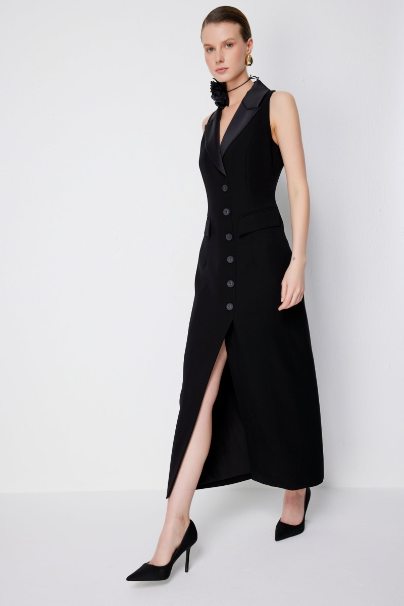 Ekol Kadın Kapak Cepli Yırtmaçlı Elbise 6046 Siyah Siyah