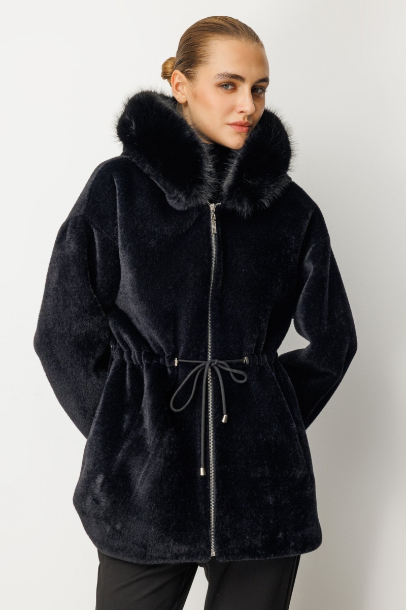 Ekol Kadın Kapüşonlu Peluş Kaban 6029 Siyah Siyah