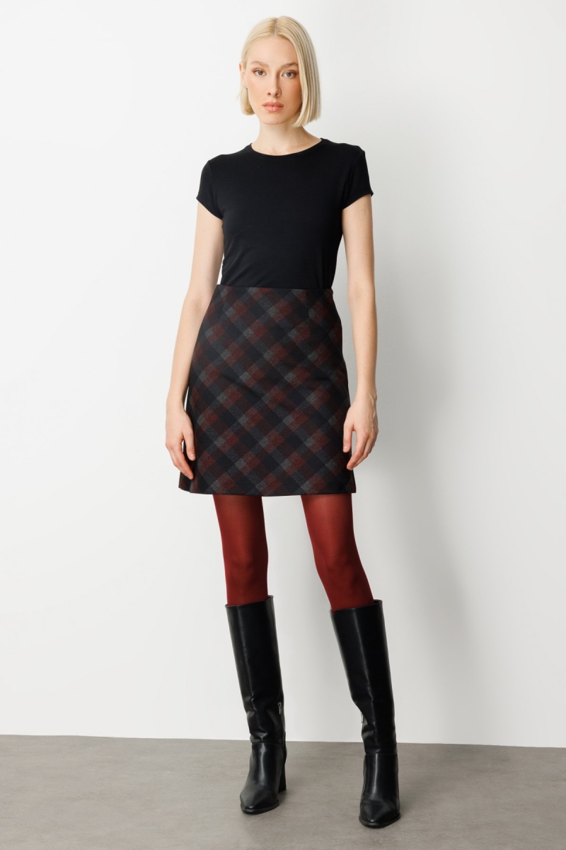 Ekol Kadın Kare Desenli Mini Etek 2043 Bordo Bordo