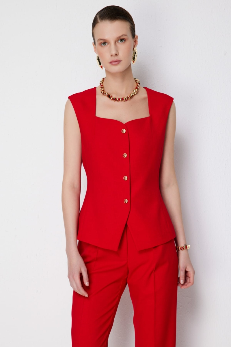 Ekol Kadın Kare Yaka Metal Düğmeli Yelek 1182 Kırmızı Kırmızı