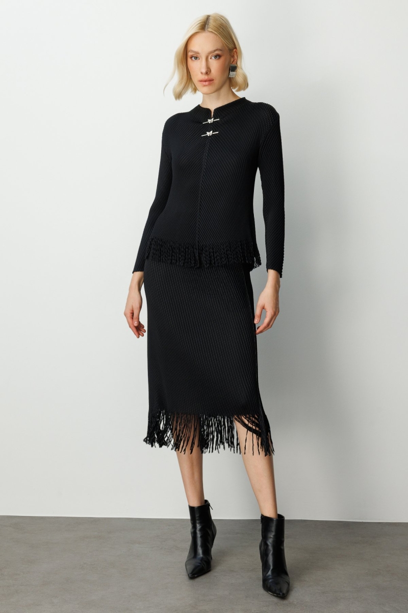 Ekol Kadın Kelebek Aksesuarlı Püsküllü Bluz 3909 Siyah Siyah