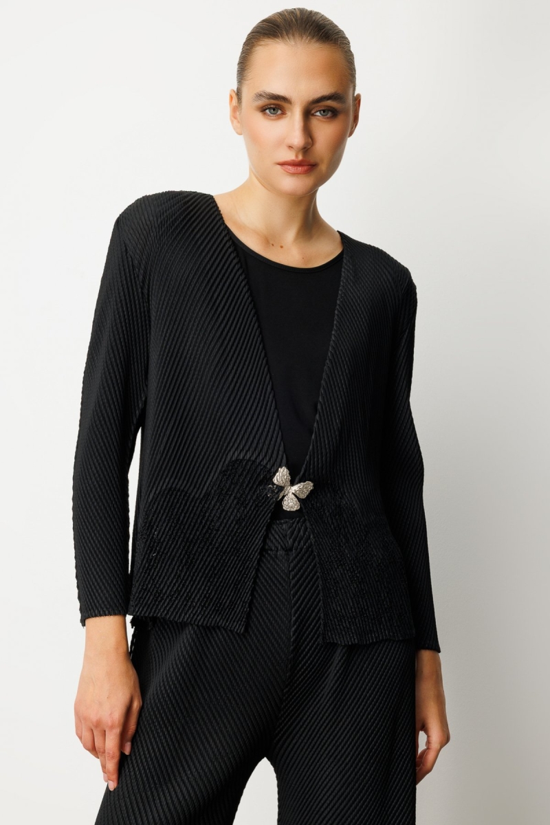 Ekol Kadın Kelebek Düğmeli Akordiyon Kumaş Hırka 5901 Siyah Siyah