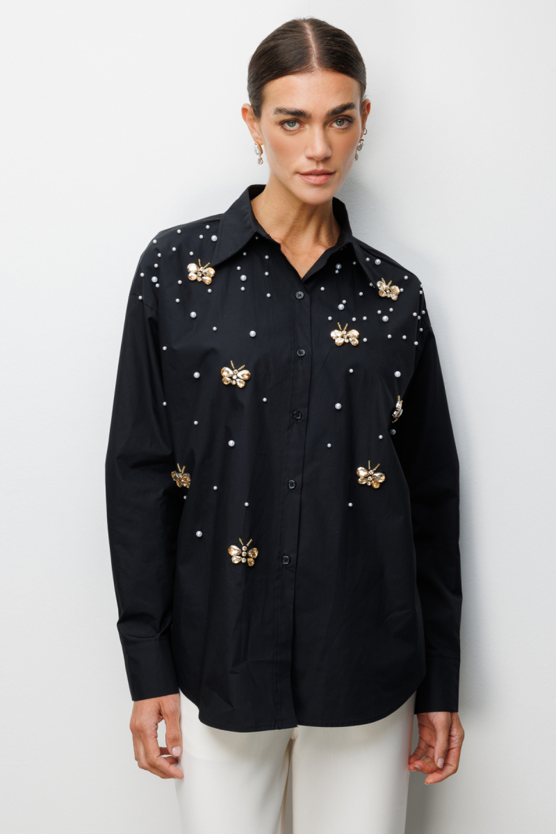 Ekol Kadın Kelebek ve İnci İşlemeli Pamuk Gömlek 2802 Siyah Siyah
