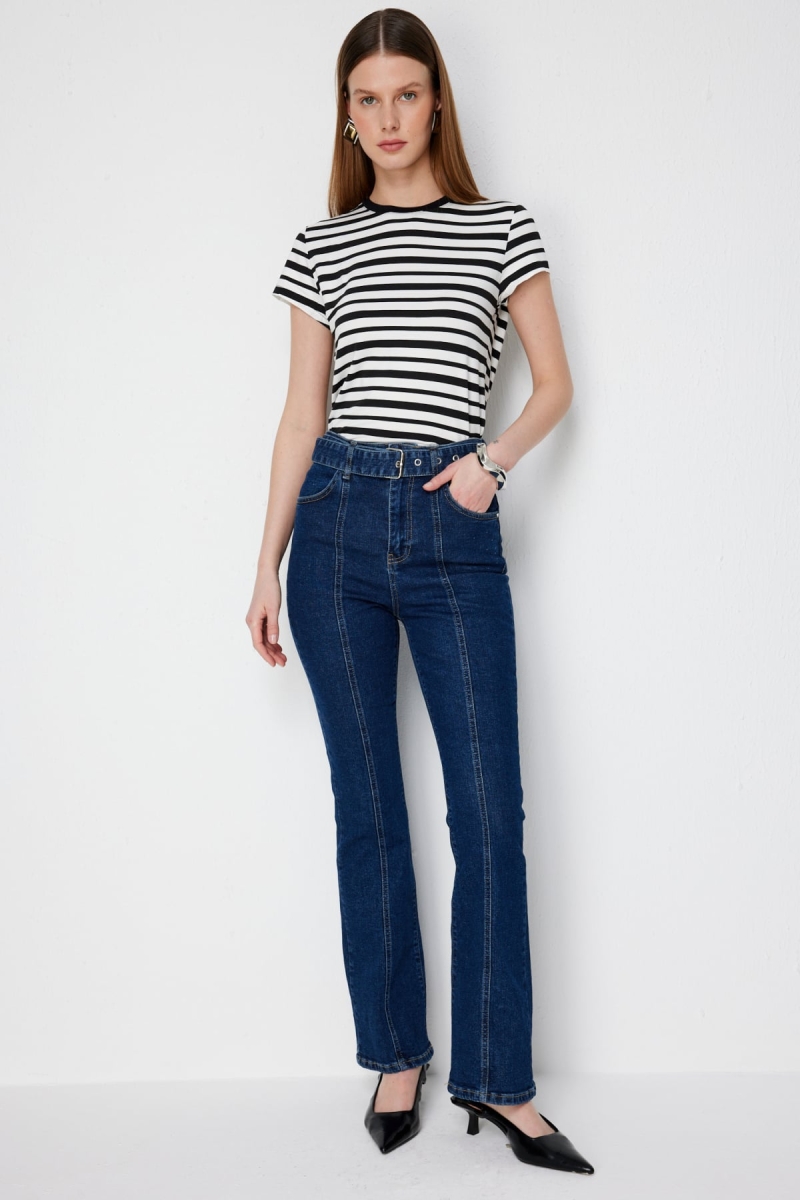 Ekol Kadın Kemerli İspanyol Paça Kot Pantolon 4152 Indigo Indigo