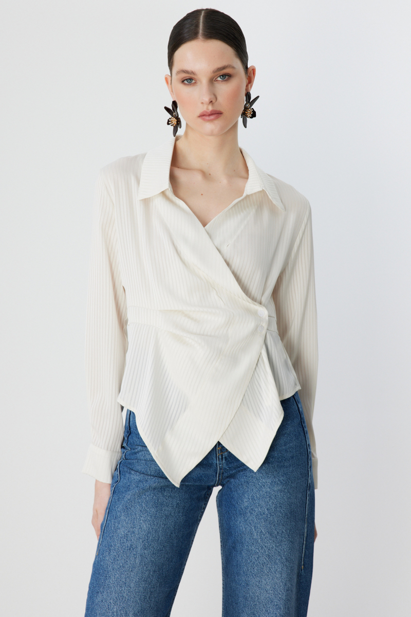 Ekol Kadın Kendinden Çizgili Kruvaze Gömlek 2826 Ekru Ekru