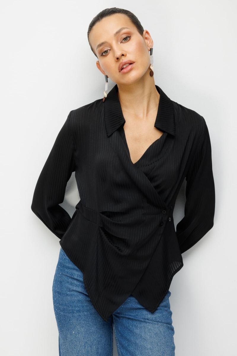 Ekol Kadın Kendinden Çizgili Kruvaze Gömlek 2826 Siyah Siyah