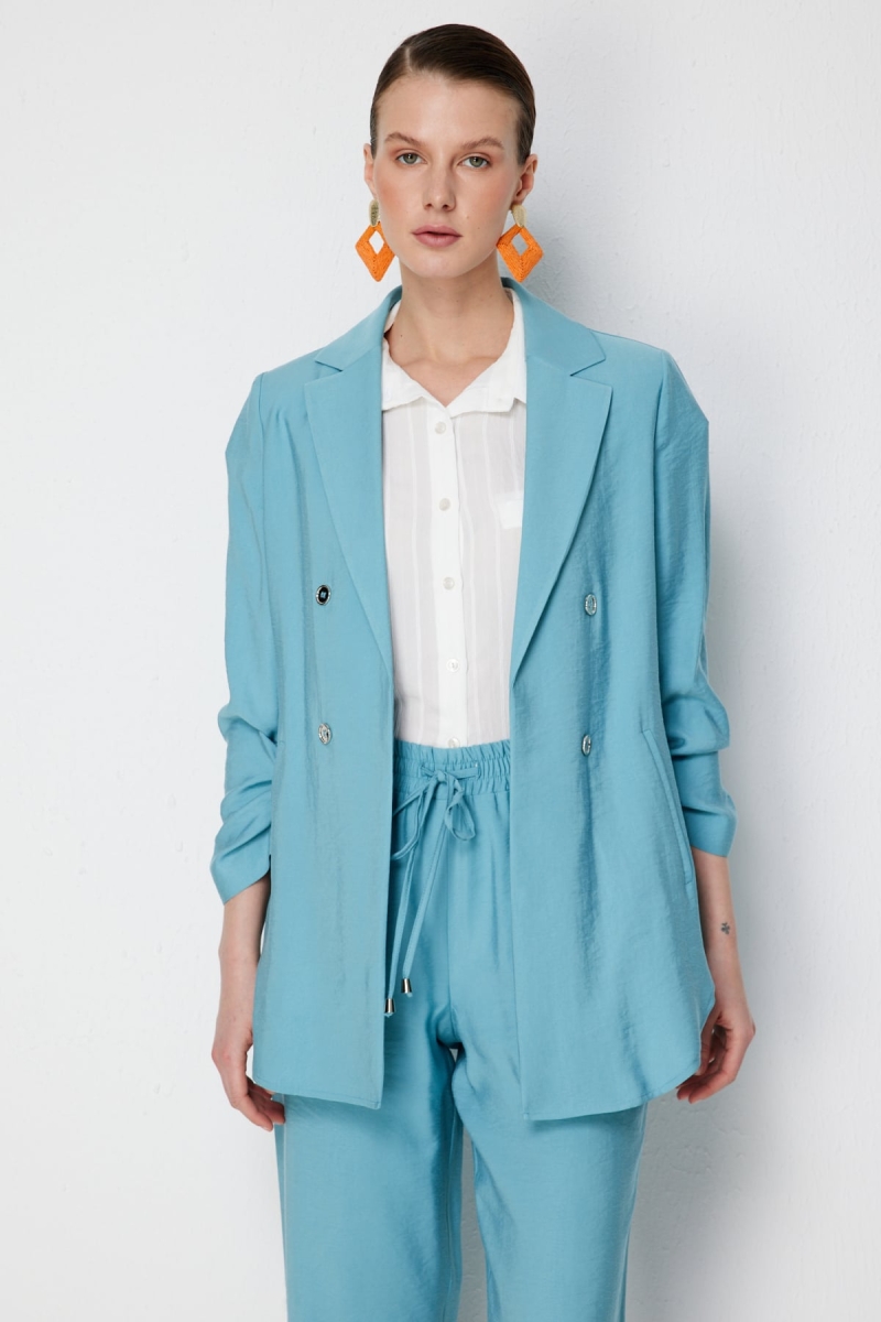 Ekol Kadın Kolları Büzgülü Yan Cepli Ceket 1202 Aqua Aqua