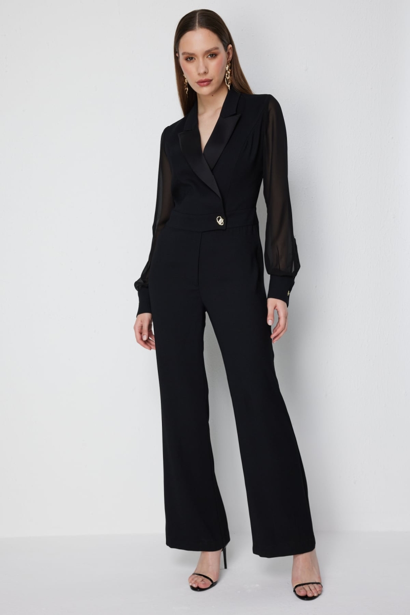 Ekol Kadın Kolları Şifon Kruvaze Yaka Tulum 6448 Siyah Siyah