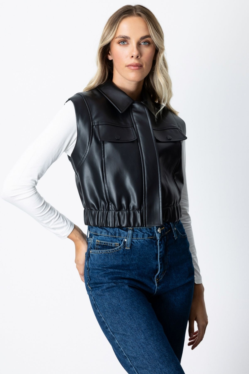 Ekol Kadın Kolsuz Deri Crop Yelek 5097 Siyah Siyah