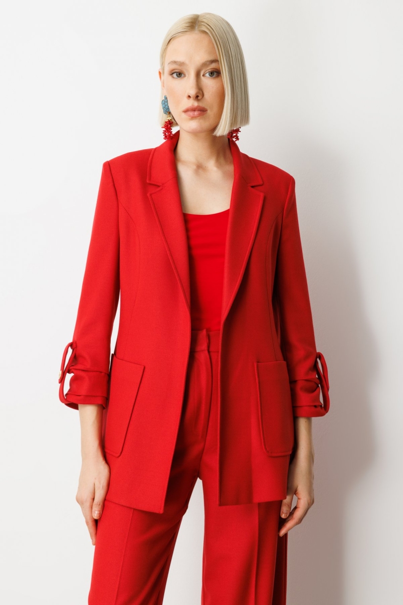 Ekol Kadın Kolu Apoletli Torba Cepli Ceket 5057 Kırmızı Kırmızı