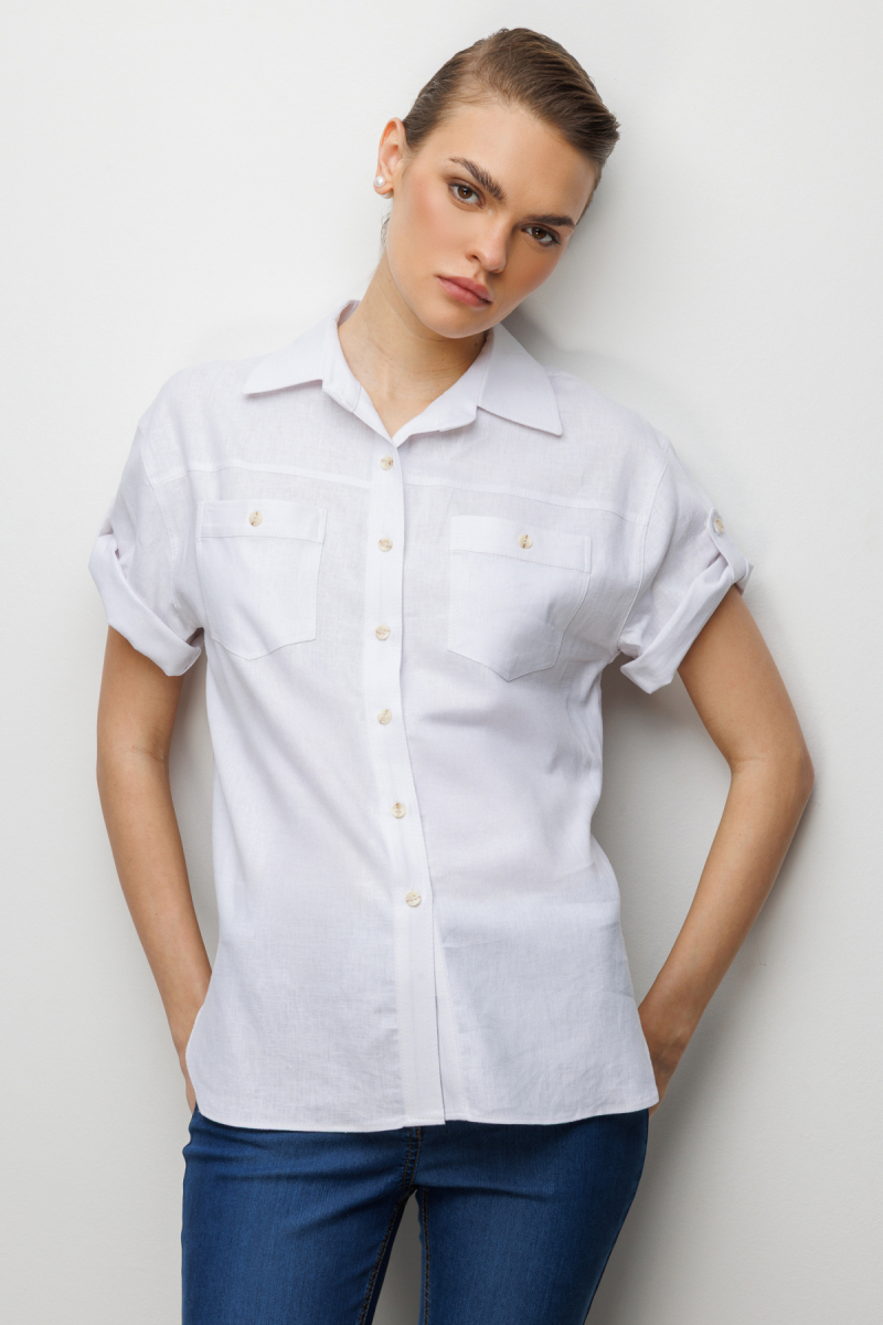 Ekol Kadın Kolu Katlamalı Keten Gömlek 2024 Ekru Ekru