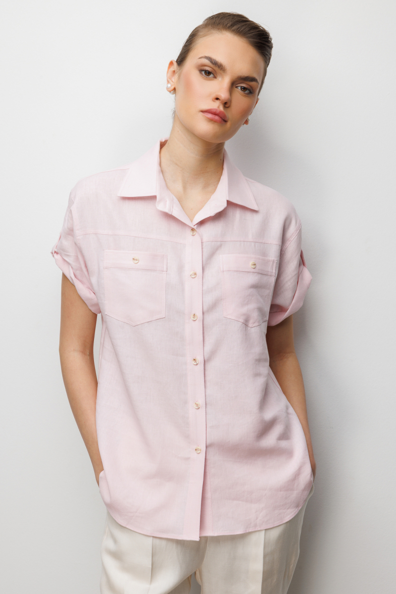 Ekol Kadın Kolu Katlamalı Keten Gömlek 2024 Pembe Pembe