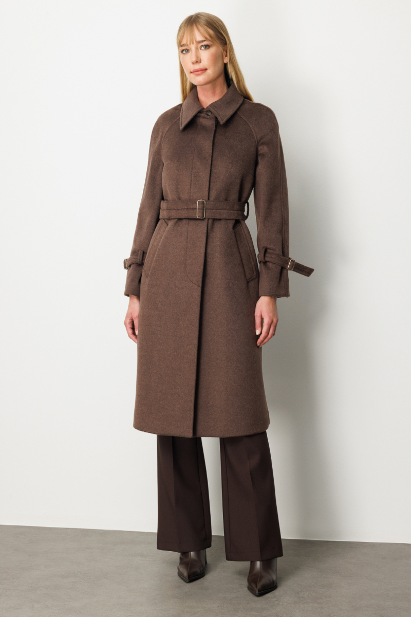 Ekol Kadın Kolu ve Beli Kemerli Kaşe Kaban 6057 Kahverengi Kahverengi