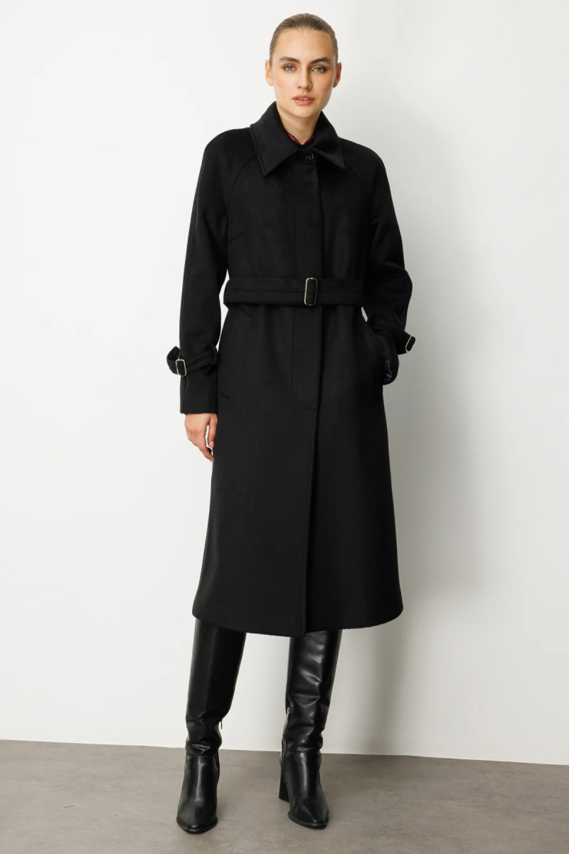 Ekol Kadın Kolu ve Beli Kemerli Kaşe Kaban 6057 Siyah Siyah