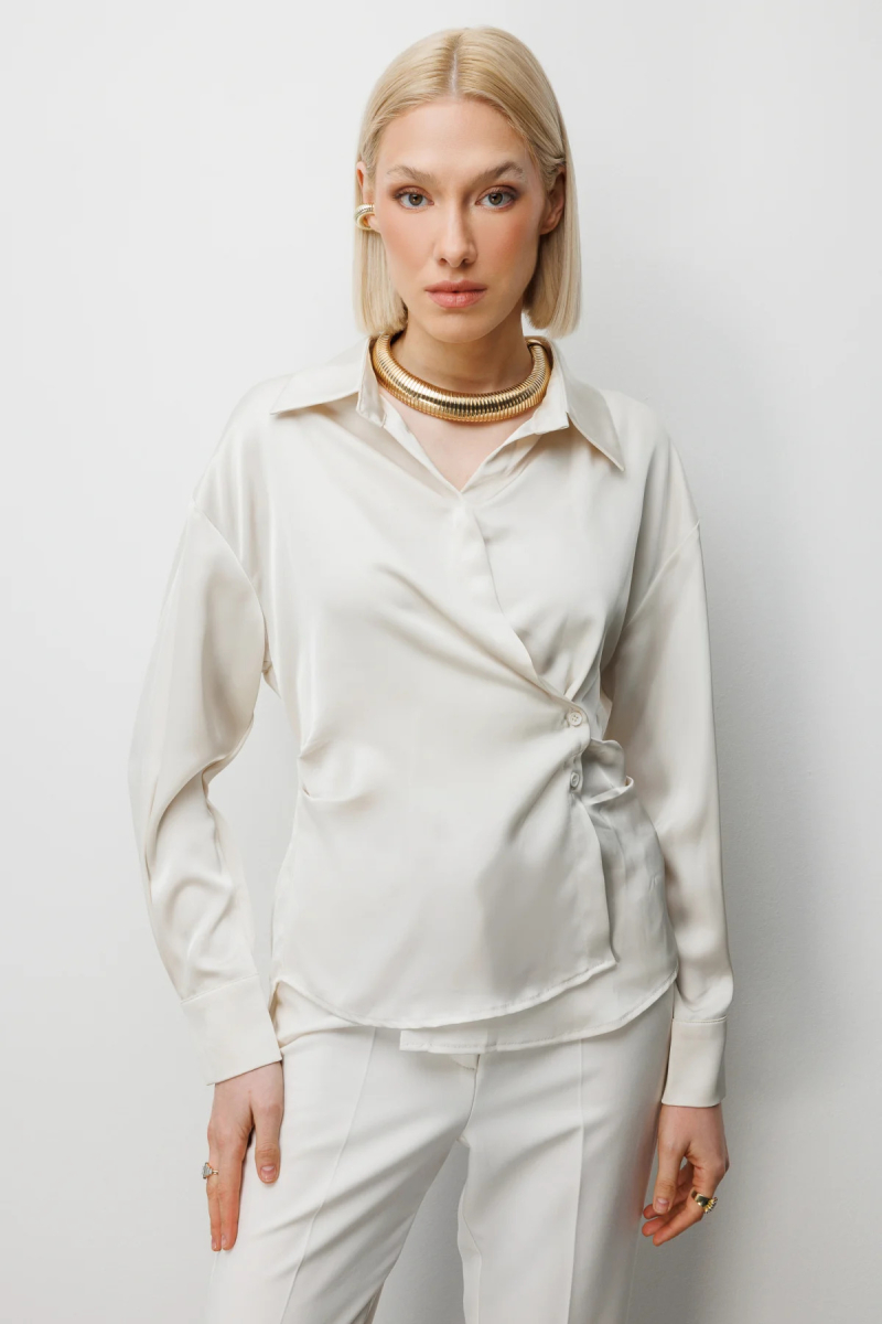 Ekol Kadın Kruvaze Yaka Bağcıklı Gömlek 2862 İnci İNCİ