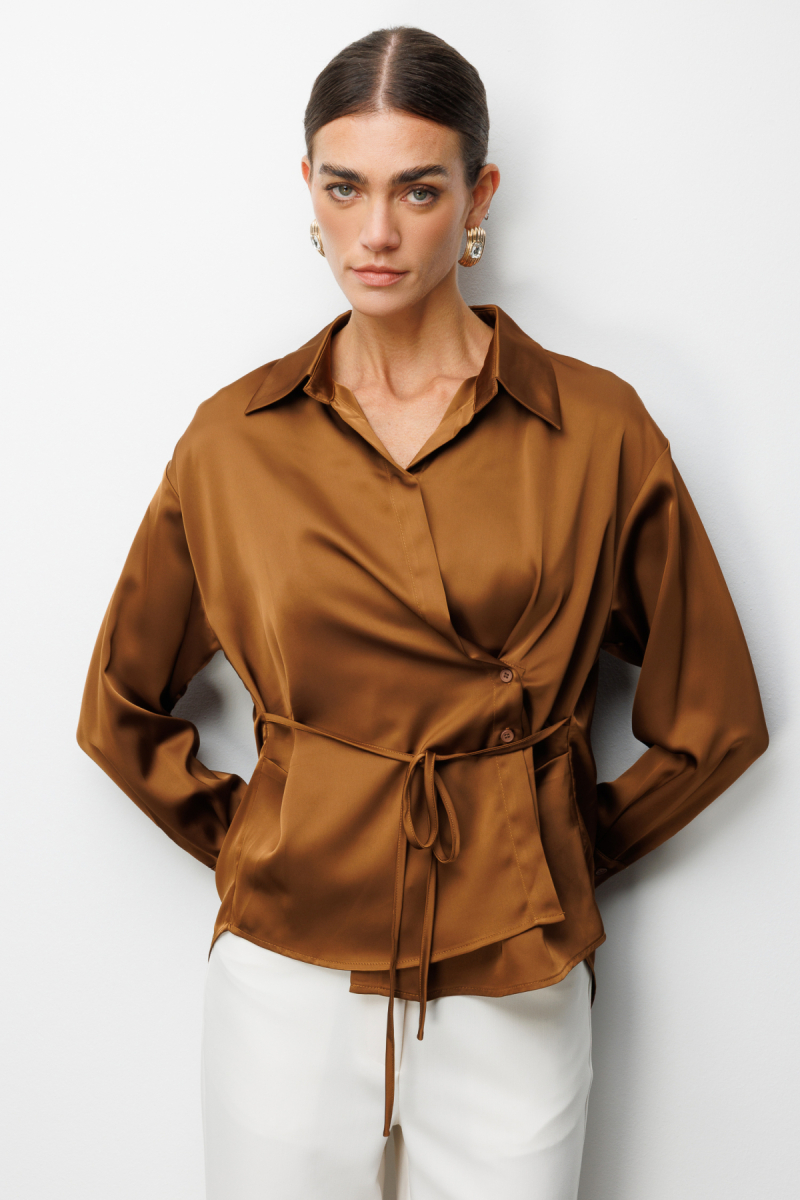 Ekol Kadın Kruvaze Yaka Bağcıklı Gömlek 2862 Kakao KAKAO