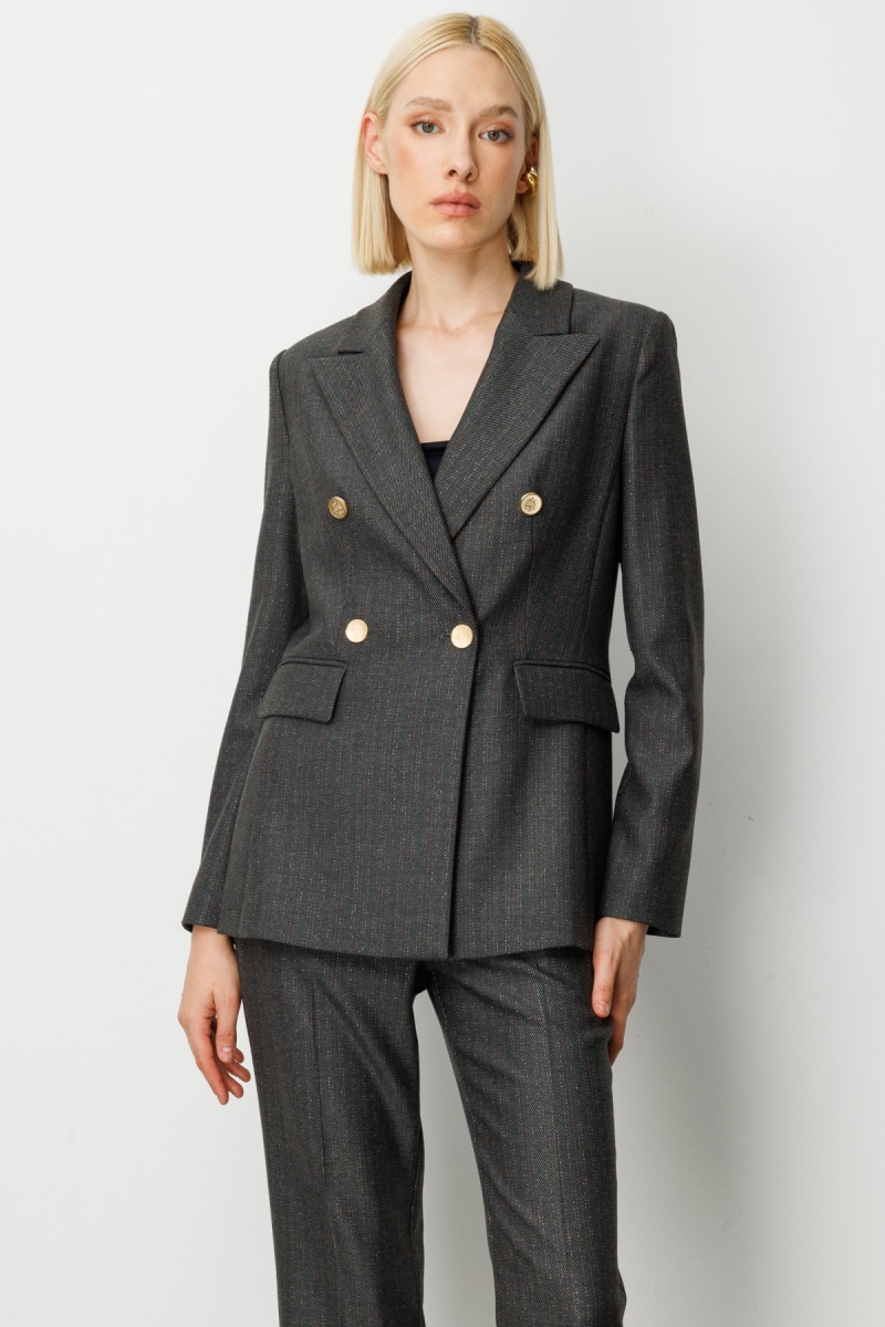 Ekol Kadın Kruvaze Yaka Çizgi Desenli Ceket 5107 Siyah Siyah