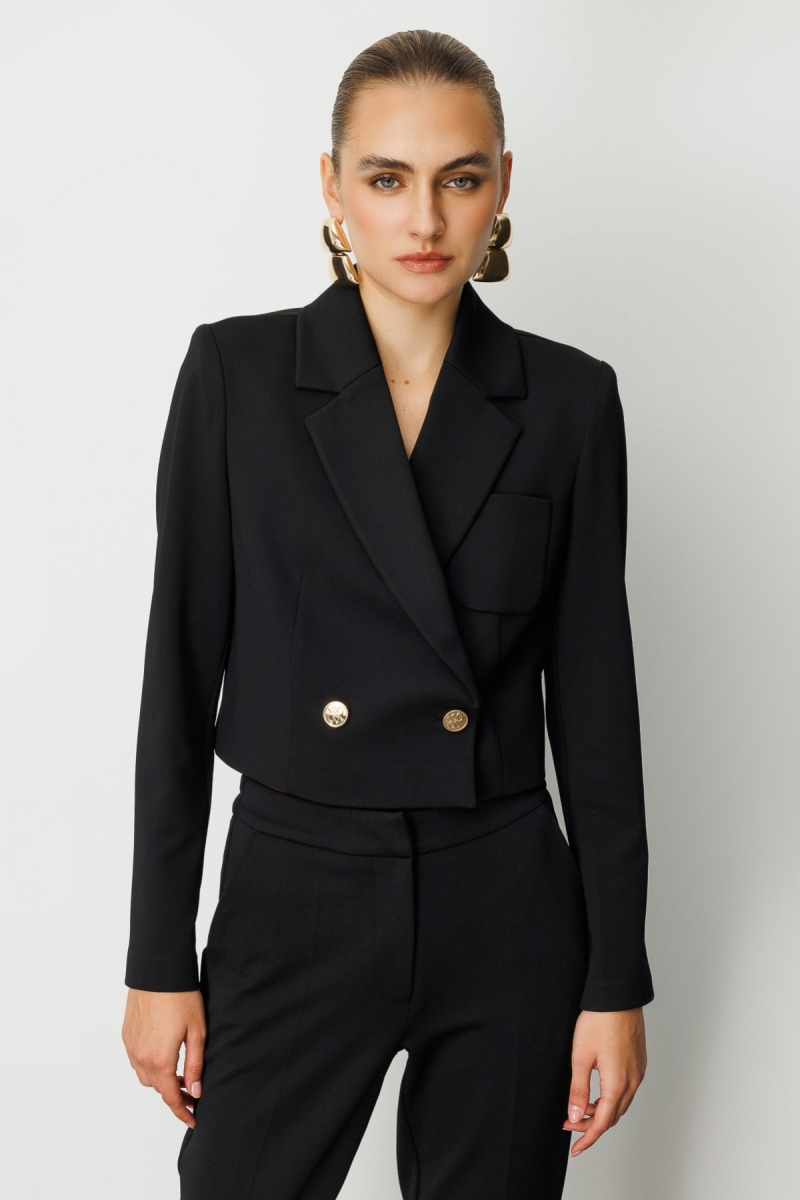 Ekol Kadın Kruvaze Yaka Crop Ceket 5029 Siyah Siyah