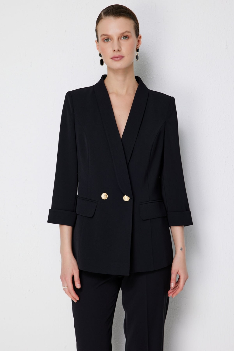 Ekol Kadın Kruvaze Yaka Duble Kol Ceket 1106 Siyah Siyah