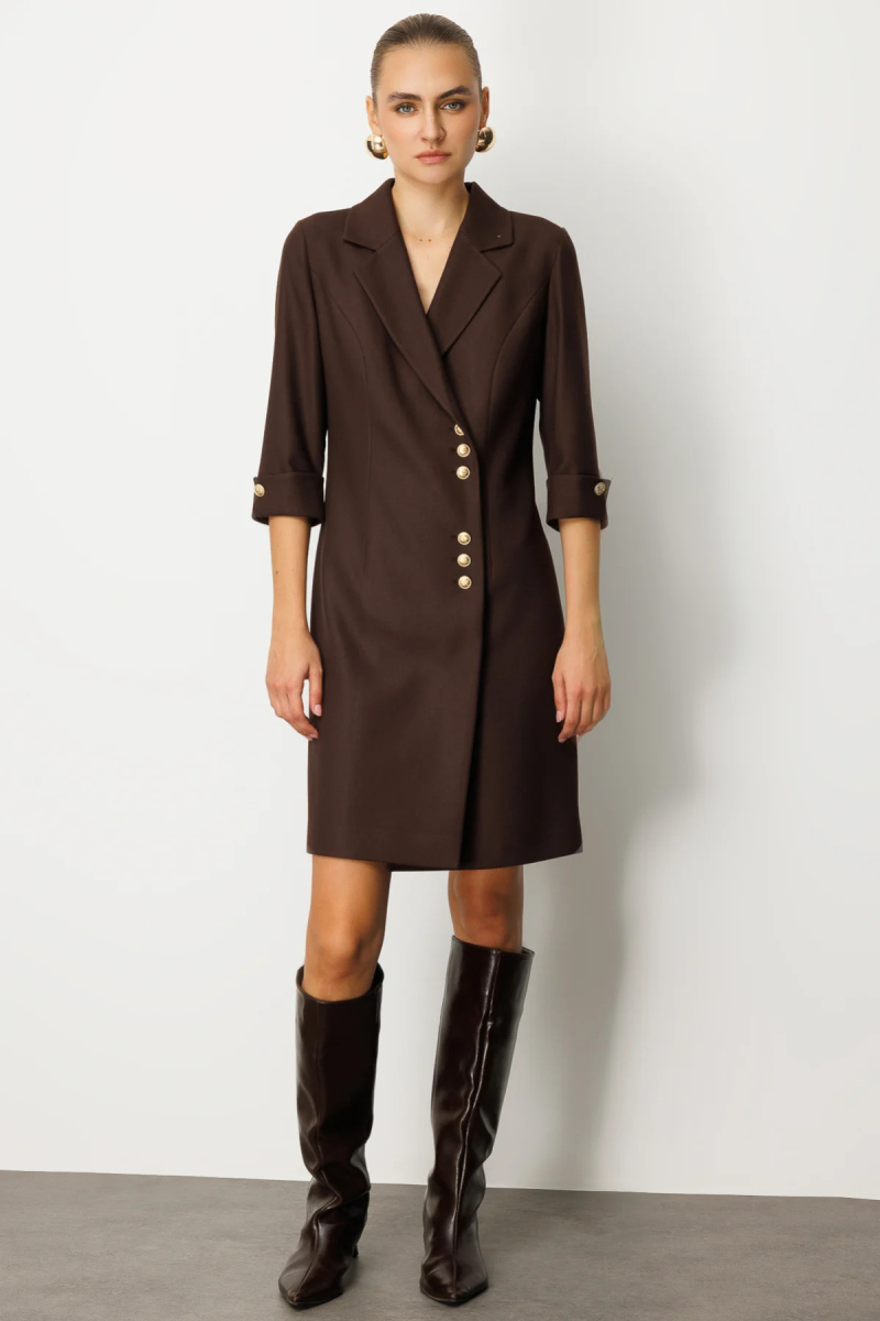 Ekol Kadın Kruvaze Yaka Düğmeli Elbise 4009 Kahverengi Kahverengi