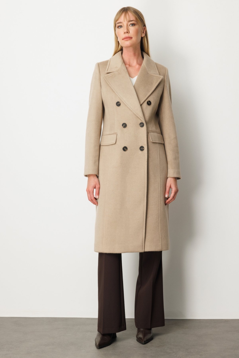 Ekol Kadın Kruvaze Yaka Kapak Cepli Kaban 6069 Kum Kum