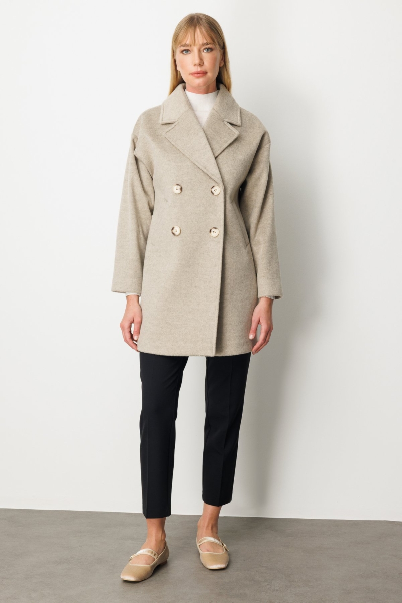 Ekol Kadın Kruvaze Yaka Kaşe Kaban 6049 Vizon Vizon