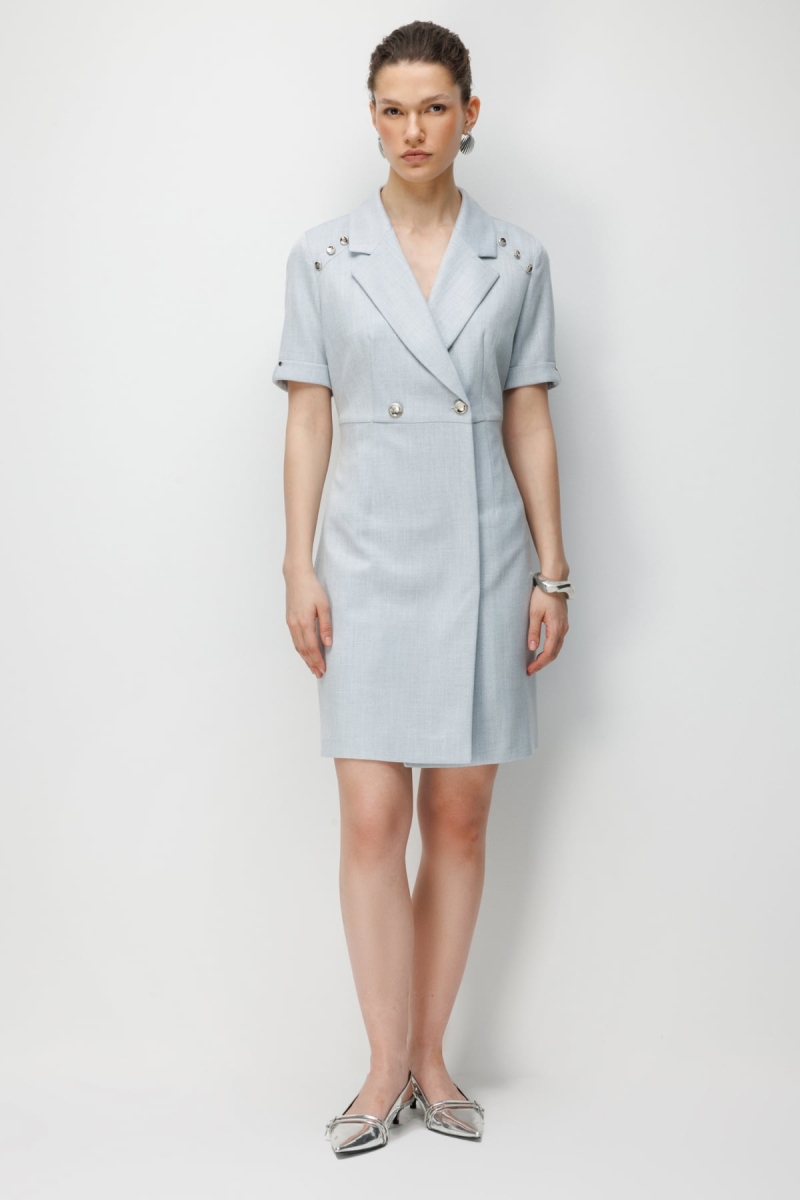 Ekol Kadın Kruvaze Yaka Süs Düğmeli Midi Elbise 6016 Blue BLUE