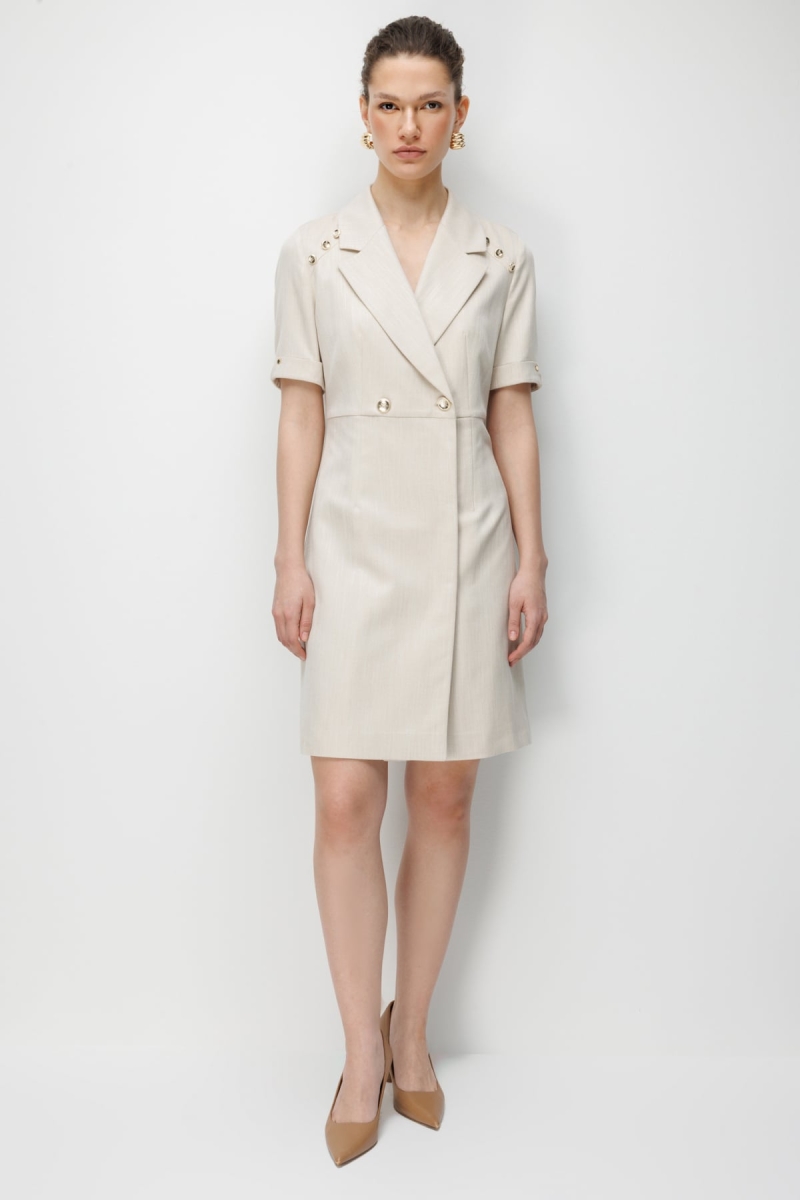 Ekol Kadın Kruvaze Yaka Süs Düğmeli Midi Elbise 6016 Gold GOLD