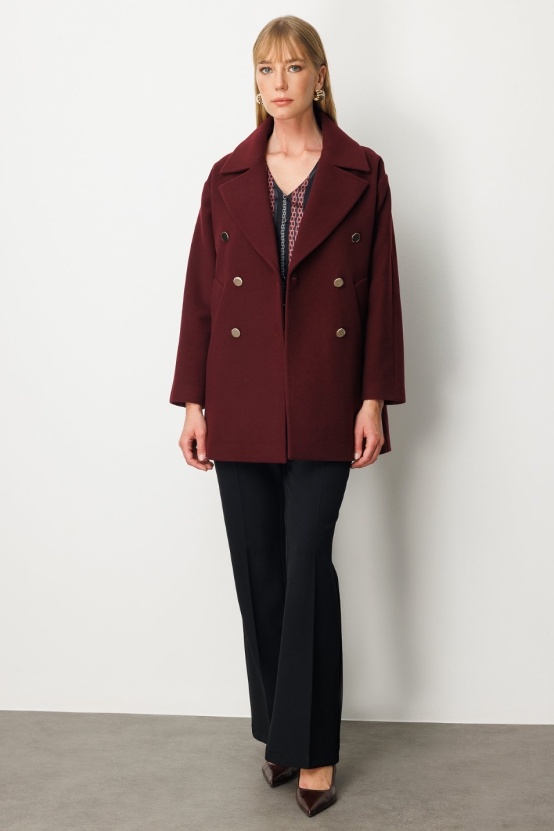 Ekol Kadın Kruvaze Yaka Yan Cepli Kaban 6093 Bordo Bordo