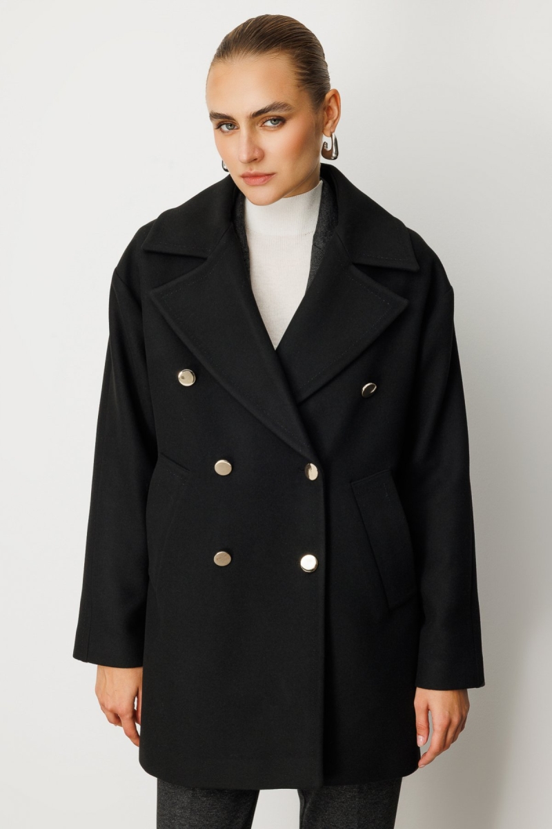 Ekol Kadın Kruvaze Yaka Yan Cepli Kaban 6093 Siyah Siyah