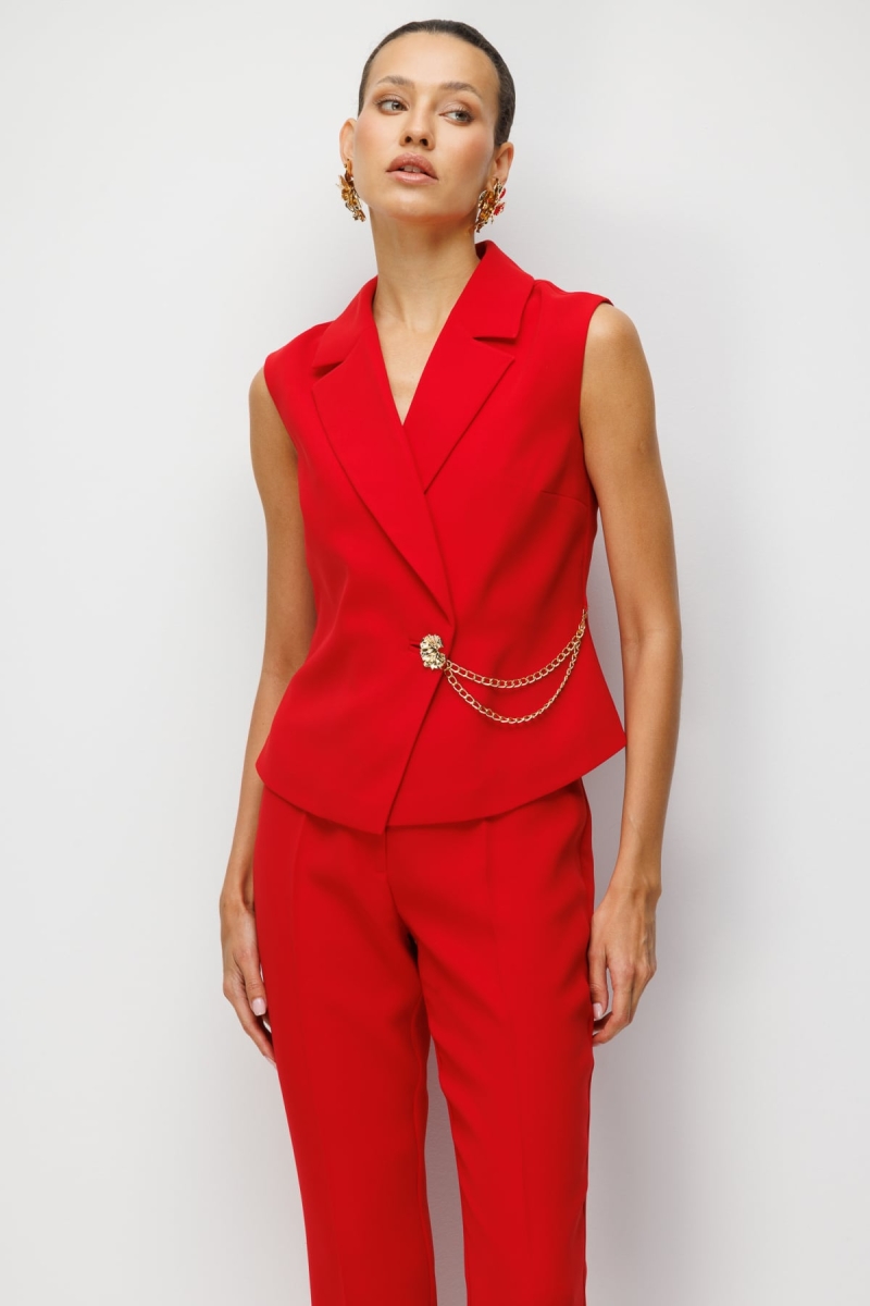 Ekol Kadın Kruvaze Yaka Zincir Aksesuarlı Yelek 2442 Kırmızı Kırmızı