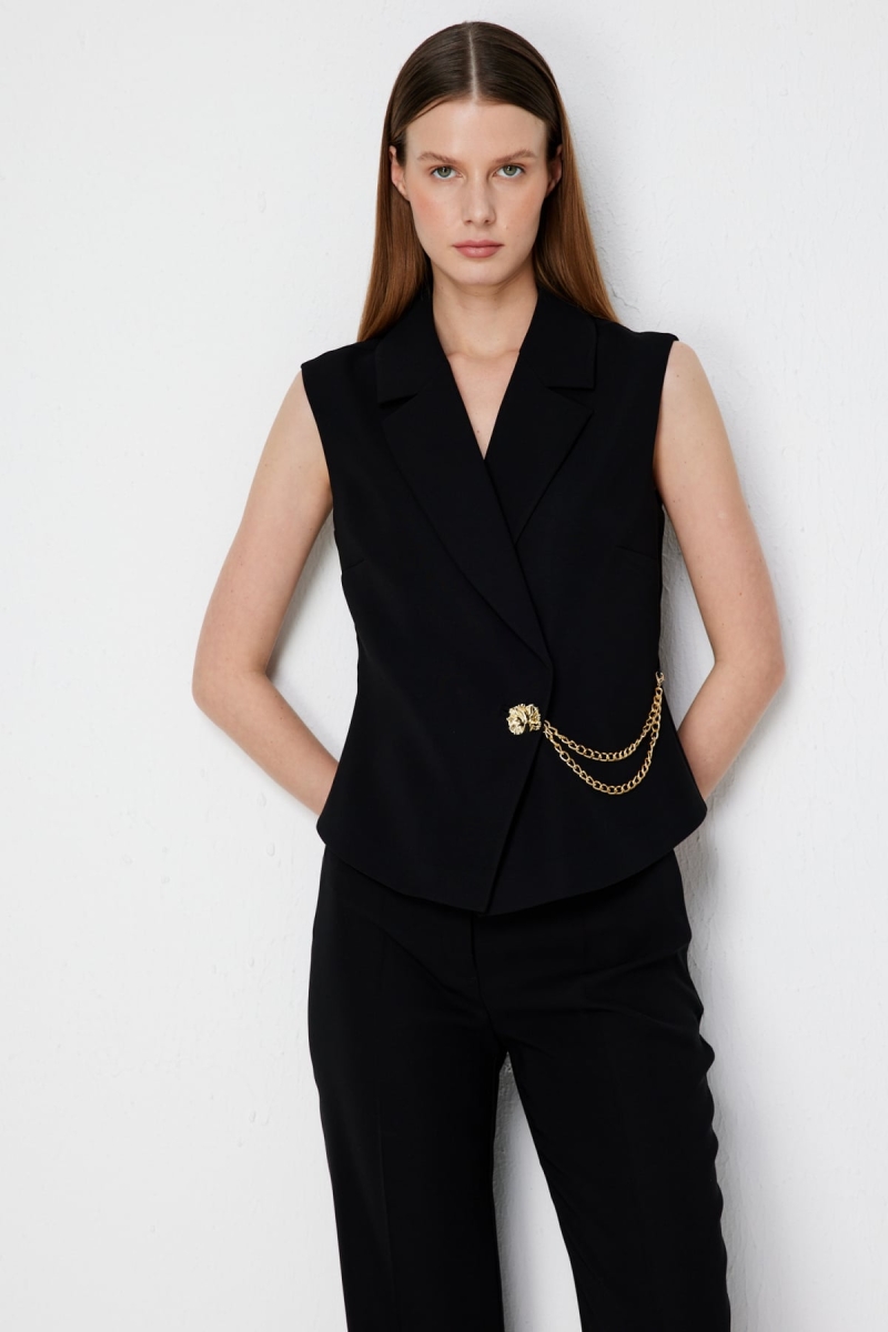 Ekol Kadın Kruvaze Yaka Zincir Aksesuarlı Yelek 2442 Siyah Siyah