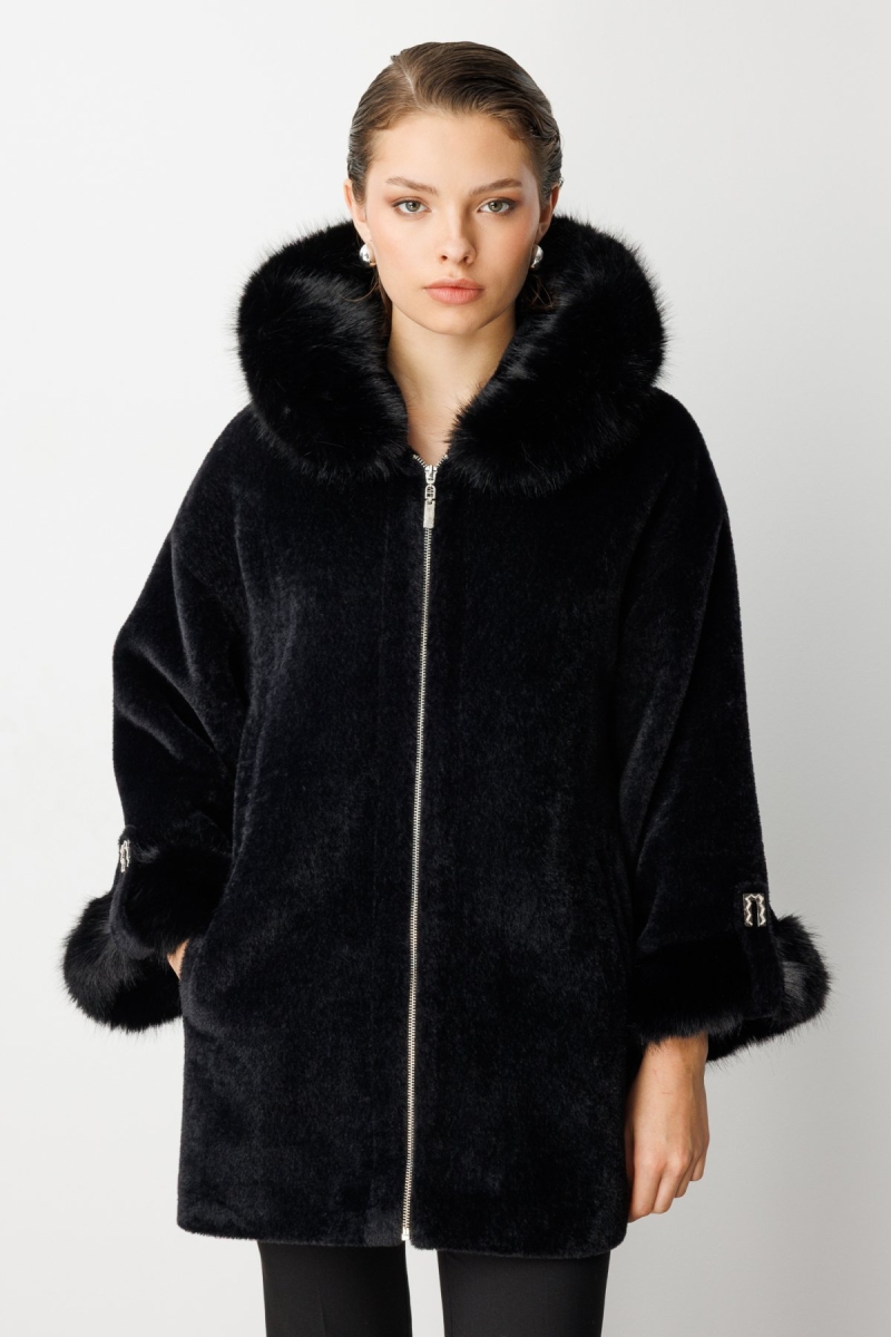 Ekol Kadın Kürk Detaylı Uzun Peluş Mont 6031 Siyah Siyah