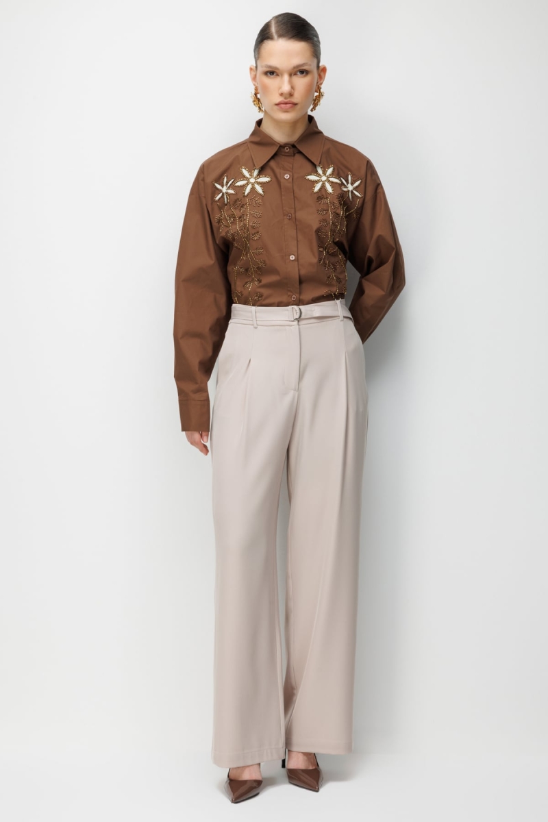 Ekol Kadın Kuşaklı Bol Paça Pileli Pantolon 4128 Kum Kum