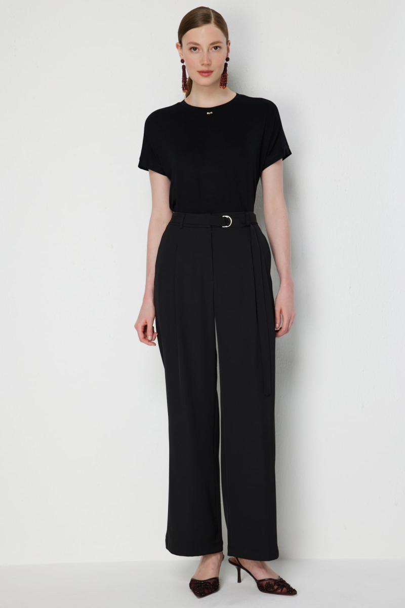 Ekol Kadın Kuşaklı Bol Paça Pileli Pantolon 4128 Siyah Siyah