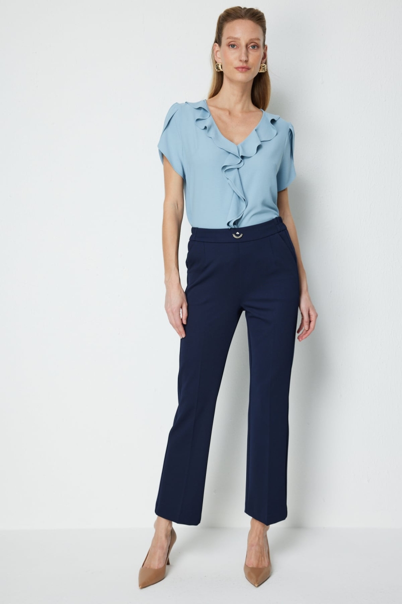 Ekol Kadın Metal Aksesuarlı Boru Paça Pantolon 4046 Lacivert Lacivert