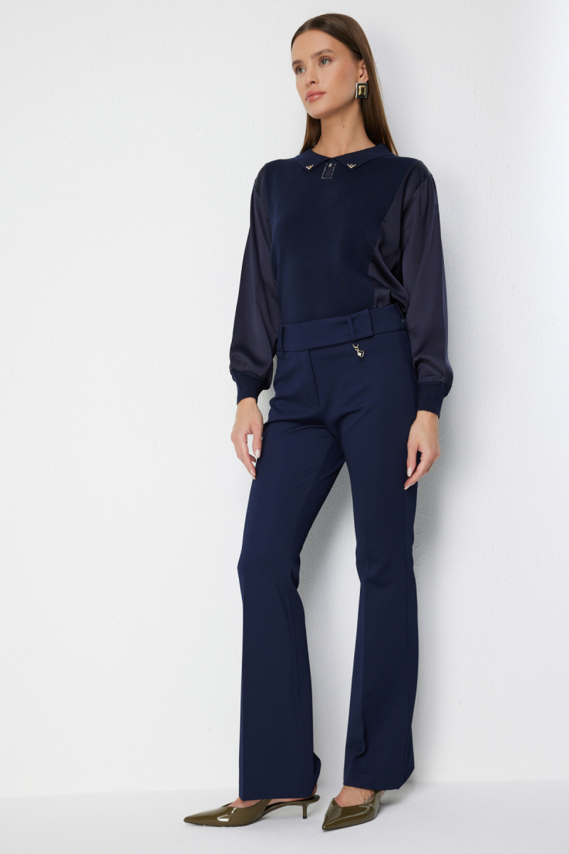 Ekol Kadın Metal Aksesuarlı İspanyol Paça Pantolon 4044 Lacivert Lacivert