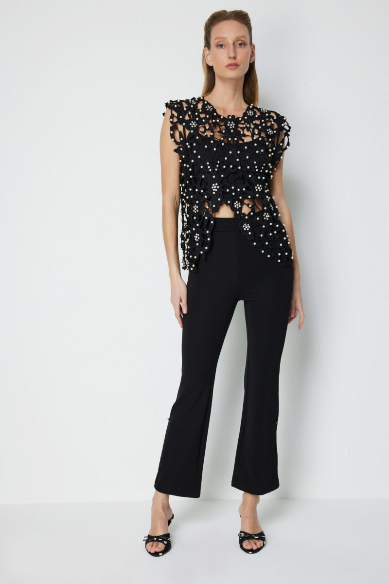 Ekol Kadın Metal Aksesuarlı Paçası Taşlı Pantolon 4932 Siyah Siyah