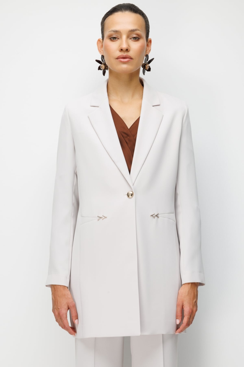 Ekol Kadın Metal Aksesuarlı Tek Düğme Uzun Ceket 1014 Taş Taş