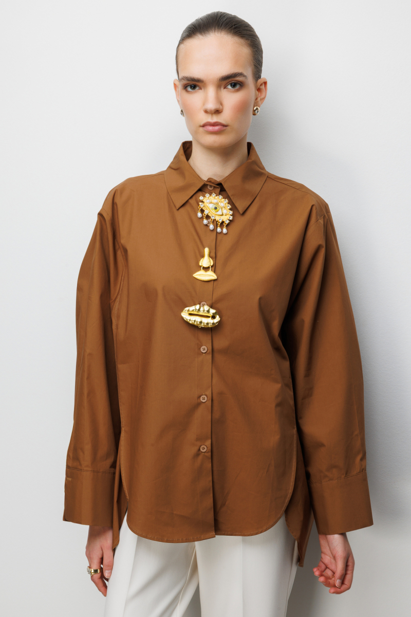 Ekol Kadın Metal Broşlu Oversize Pamuk Gömlek 2822 Kakao KAKAO
