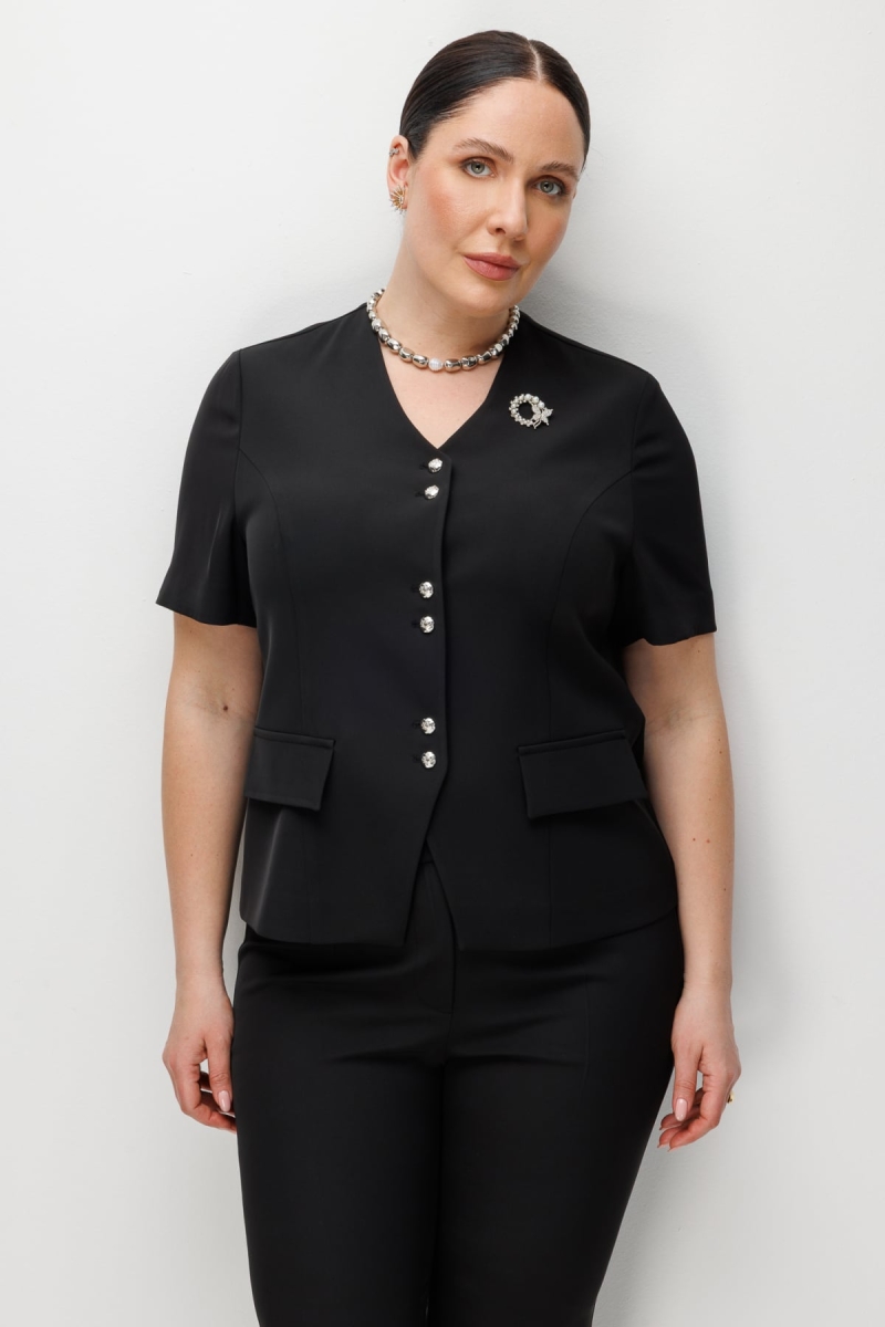 Ekol Kadın Metal Broşlu V Yaka Ceket 1528 Siyah Siyah