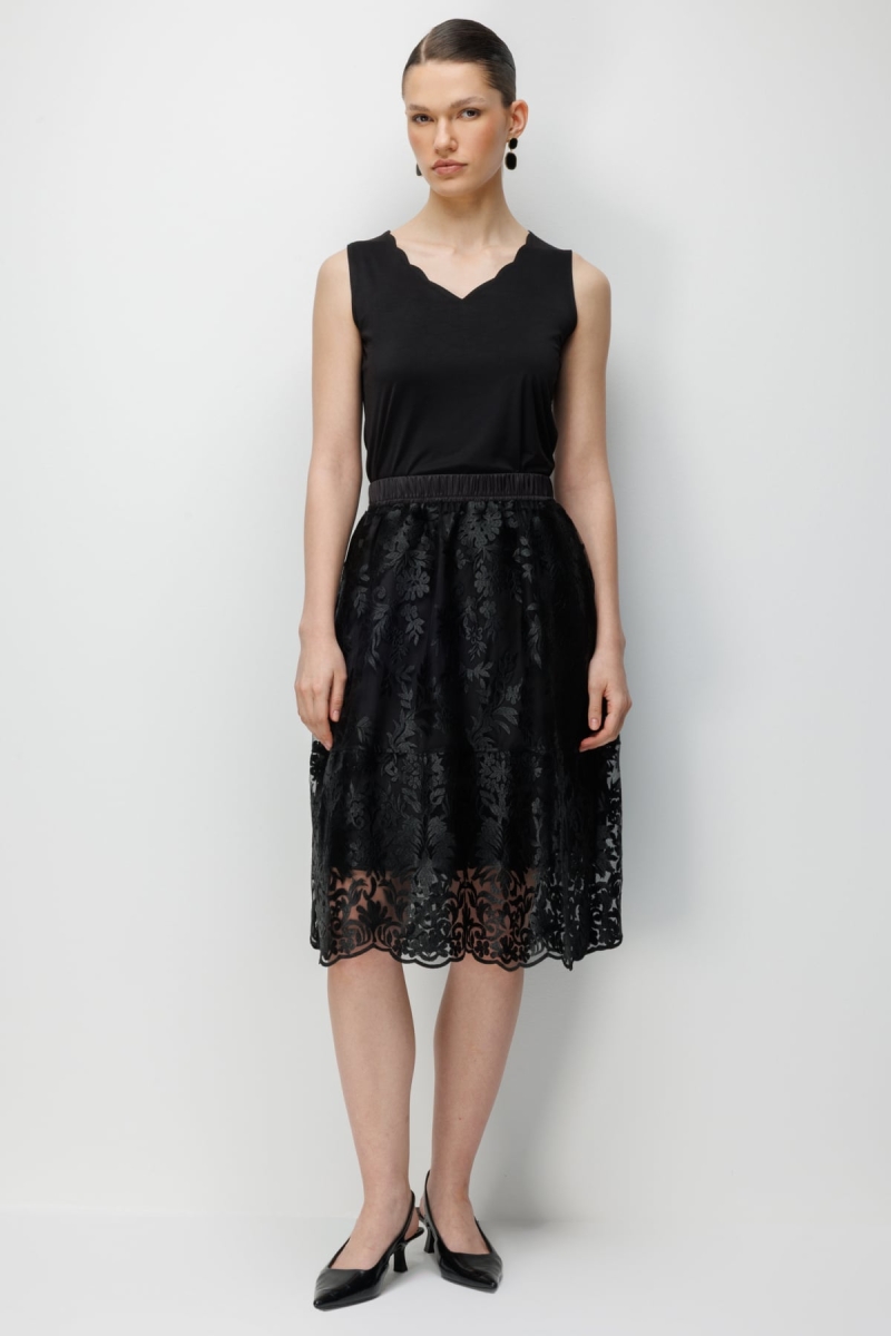 Ekol Kadın Nakış Desenli Yan Cepli Midi Etek 3944 Siyah Siyah