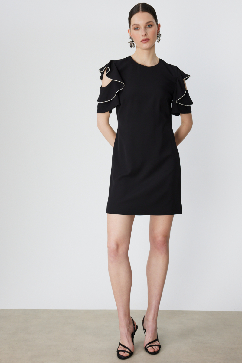 Ekol Kadın Omuzları Taşlı Kısa Kollu Mini Elbise 6032 Siyah Siyah