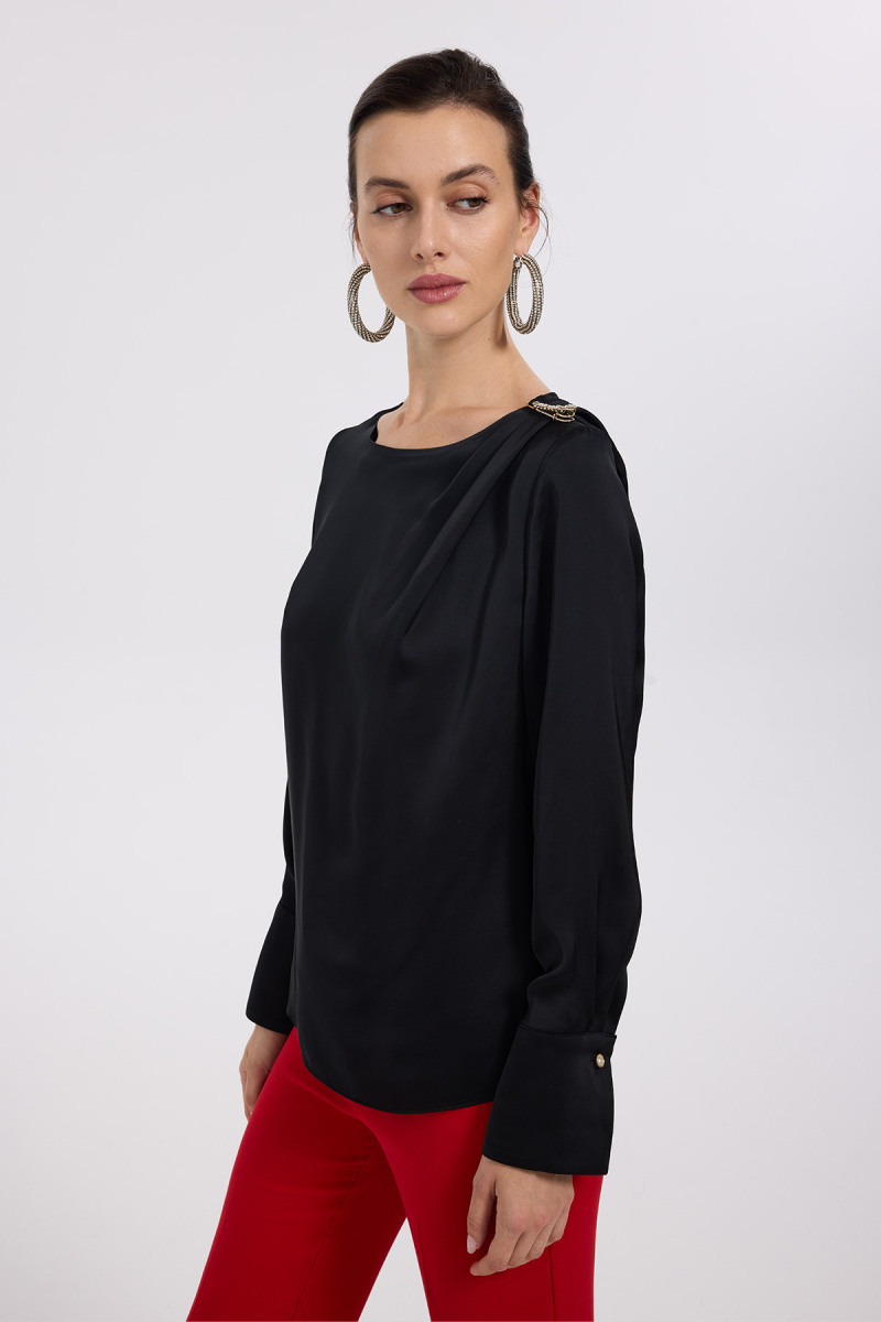 Ekol Kadın Omzu Bronşlu Saten Bluz 2075 Siyah Siyah