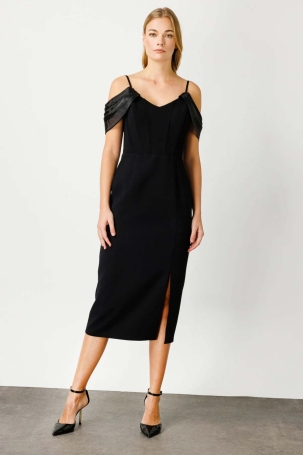 Ekol Kadın Omzu Organze Detaylı Krep Abiye Elbise 4100 Siyah Siyah