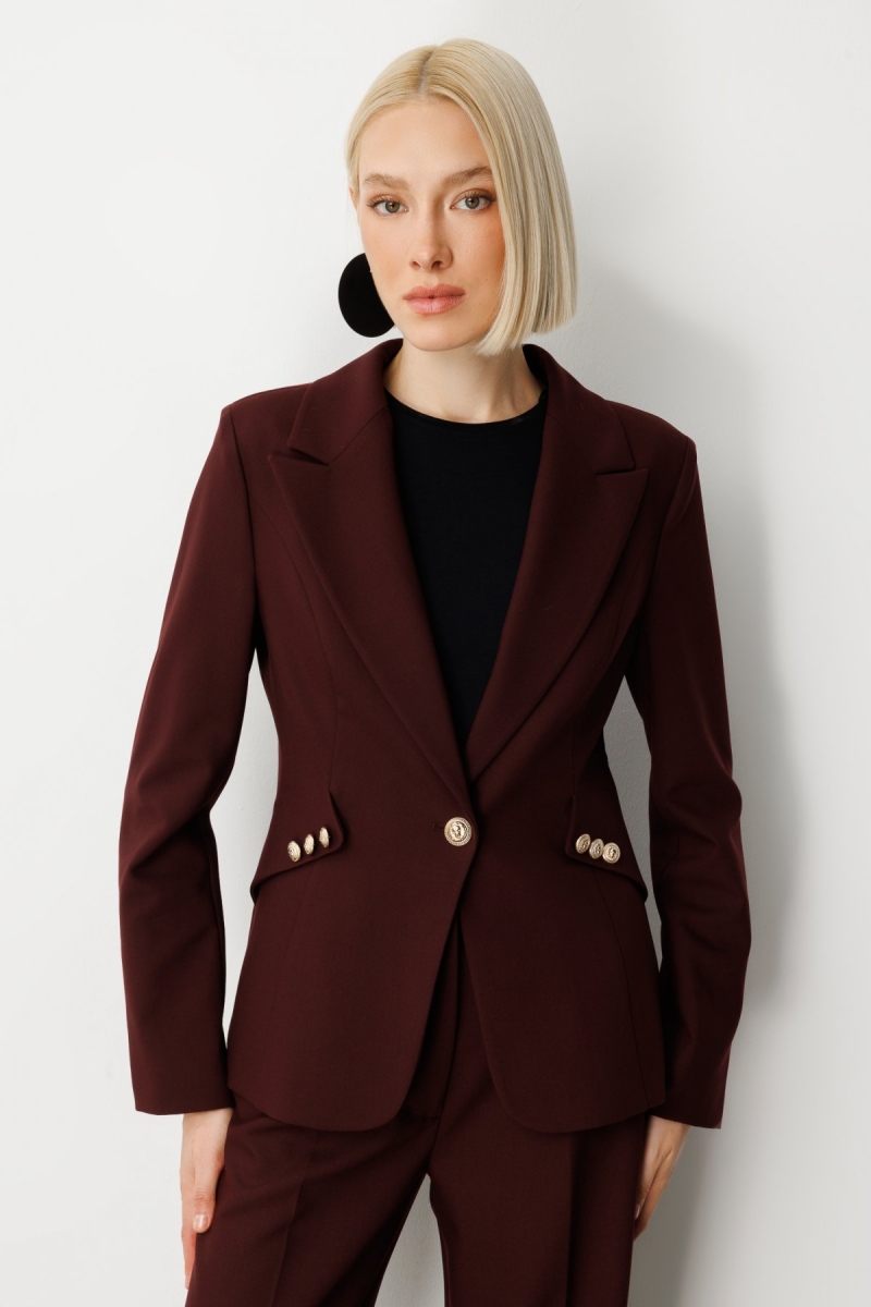 Ekol Kadın Omzu Vatkalı Düğme Aksesuarlı Ceket 5017 Bordo Bordo